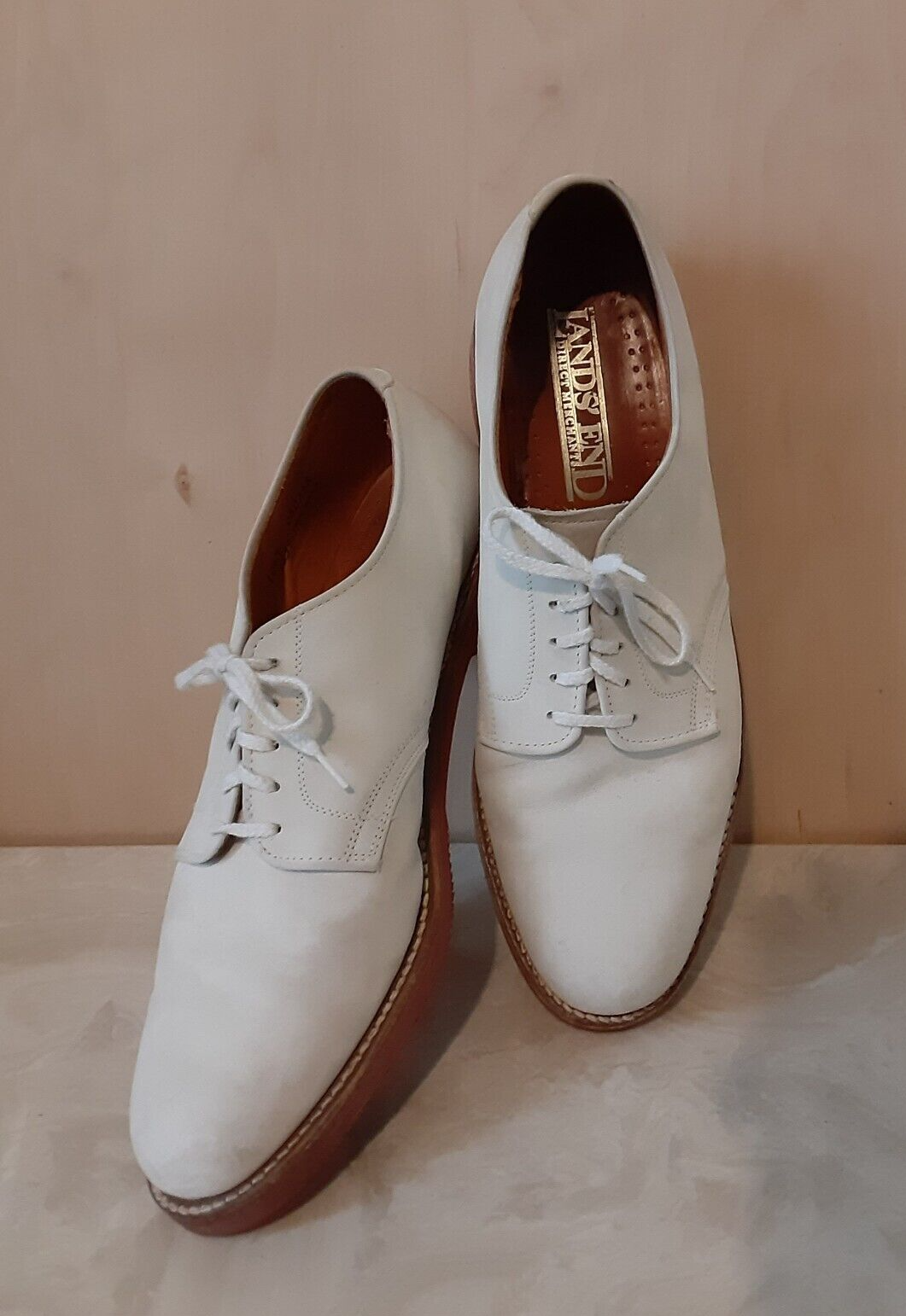 Vtg Lands' End Nubuck Shoes 10 1/2 Ivory Oxfords Red Vibram Soles Dirty