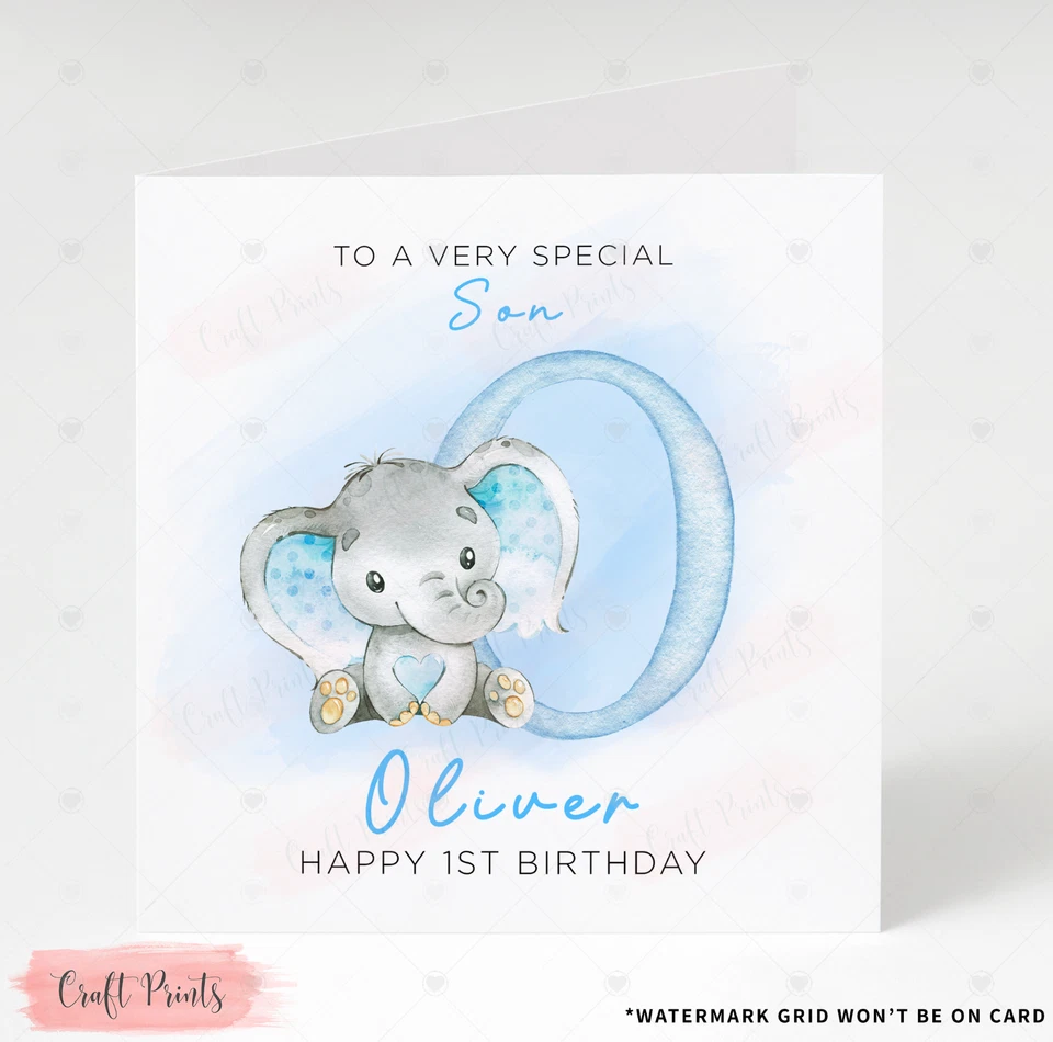 Personalised Cute Elephant Inital Boys Birthday Card Grandson Son Nephew Brother