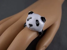 Black White Silver enamel giant panda face bear big cocktail statement ring