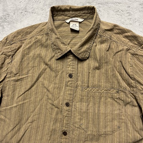 Marmot, Marmot Shirt Mens XL Brown Striped Short Sleeve Button Up Hiking Outdoor Cotton