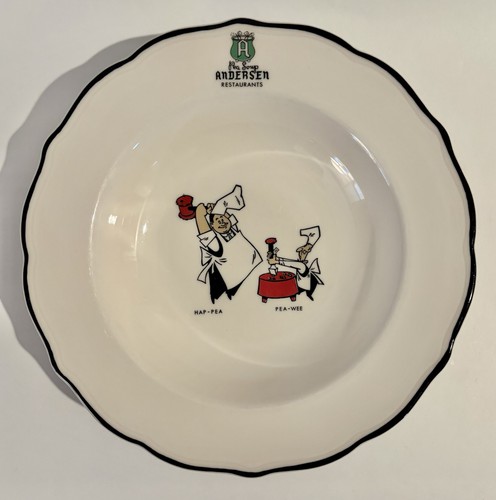 Andersen Pea Soup Restaurants 9" Vintage Soup Bowl feature Hap-Pea & Pea-Wee