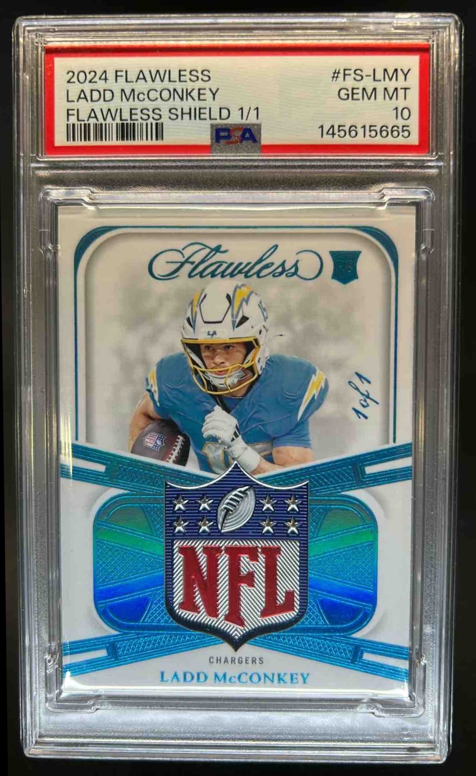 2024 Panini Flawless Ladd McConkey Shields NFL Patch RC #1/1 Chargers PSA 10