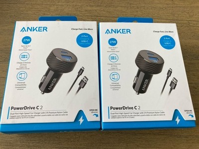 2 Anker PowerDrive C Car Charger 2-Port USB Type C + Type A PowerIQ LED & Cables