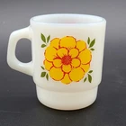 Vintage Anchor Hocking Fire King Stacking Mug Yellow Red Floral Flowers Cup