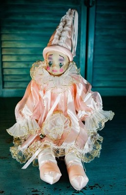 Vintage Harlequin Pierrot Porcelain Jester Ballerina Doll 20  Pink White Satin