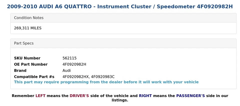 AUDI A6 QUATTRO 2009-2010 - Cuadro de instrumentos/velocímetro 4F0920982H Foto 4 de 4