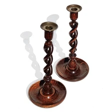 Vintage pair English Barley Twist Candlesticks in Wood and Brass