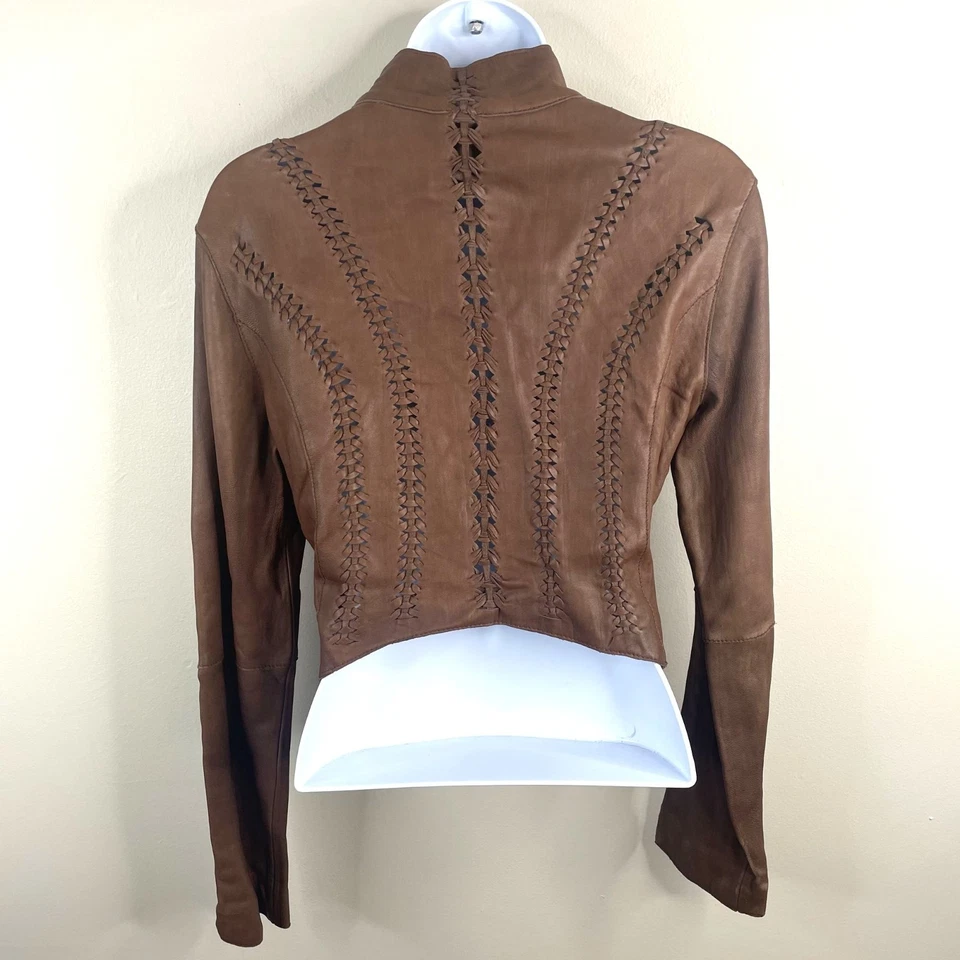 Chaqueta de cuero recortada corta vintage Y2K Bebe Boho vaquera XSpequeña marrón occidental Foto 3 de 4