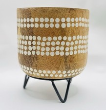 Wood Bohemian  Planter  White Polka Dots Hairpin Metal Stand