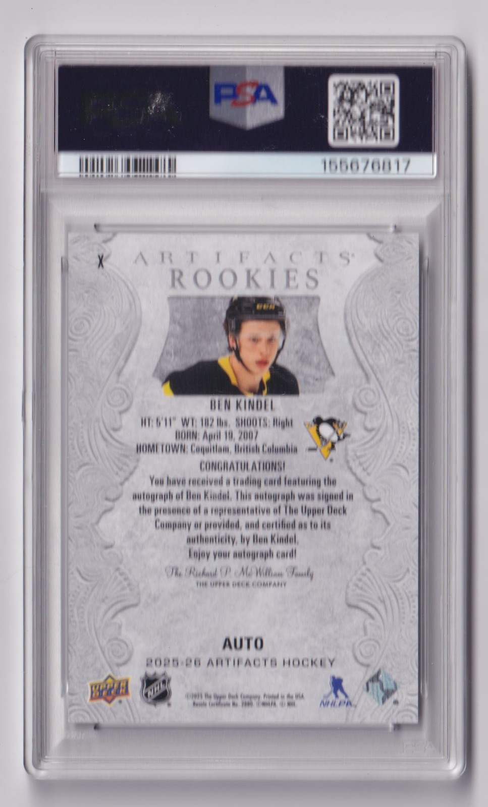 2025-26 Rookie Auto Psa 10 Auto 10 Ben Kindel Rookie PSA 10 Pittsburgh Penguins view 2