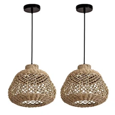 2-Pack Rattan Pendant Light Set,11" Handwoven Boho Pendant Light Mini Seagras...