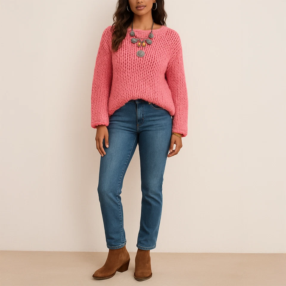 全新 $418 EILEEN FISHER S/M 粉色 秘鲁 婴儿 羊驼 粗针织毛衣 — 第 2/4 张图片