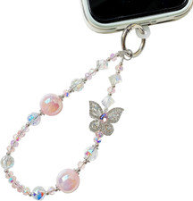 Crystal Butterfly Phone Charm, Pink Pearl Beaded Lanyard, Bling Shiny Wrist Stra