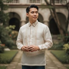 Embroidered Beige Silk Barong Tagalog Filipino Shirt Mens Formal Large