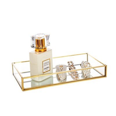 Small Gold Clear Glass Perfume Tray Vanity Jewelry Trinket Organizer Display