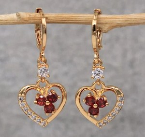 Authentic Round Cut Simulated Red Garnet Drop/Dangle Earrings In 14k Yellow Gold Plated
