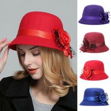 Women Vintage Wool Felt Bucket Cap Flower Ladies Winter Cloche Church Bowler Hat