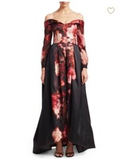 David Meister Long-Sleeve Off-The-Shoulder A-Line Gown Size 4, Red Black w/ Fur