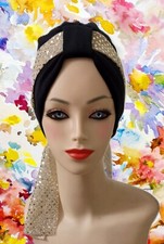 Pretty Black Chemo Cancer Hat Hair Loss.Cotton Turban, with Fancy Gold Scarf