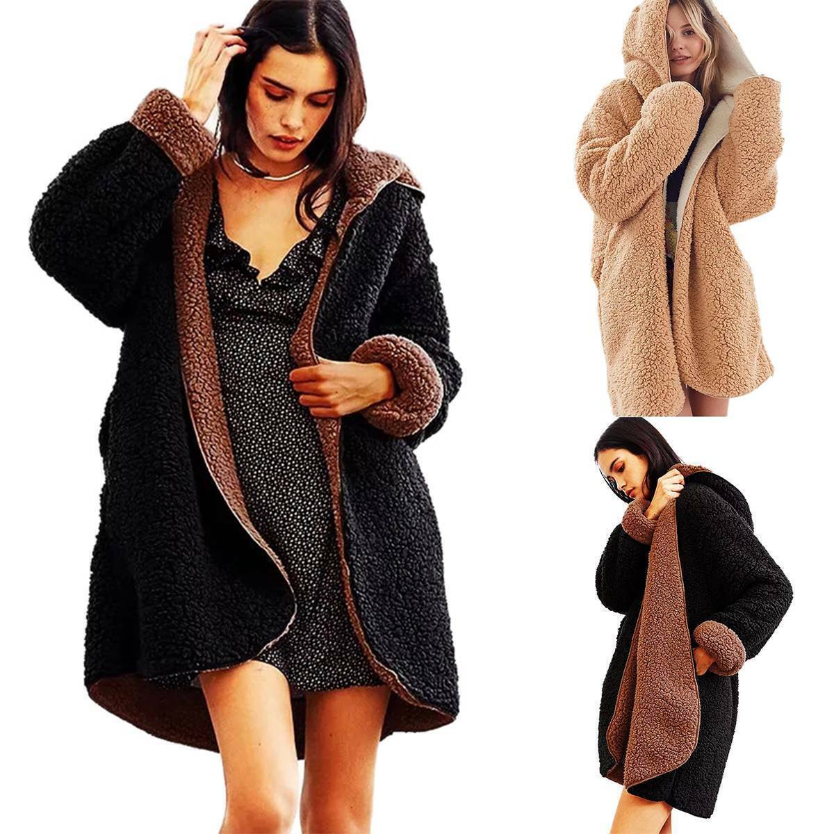 Womens Winter Teddy Bear Coat Fluffy Fur Fleece Warm Hooded Jumper Jacket Tops eBay