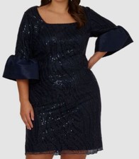 Adrianna Papell Womens Blue Plus Size Sequined Bell-Sleeve Sheath Dress Size 14W