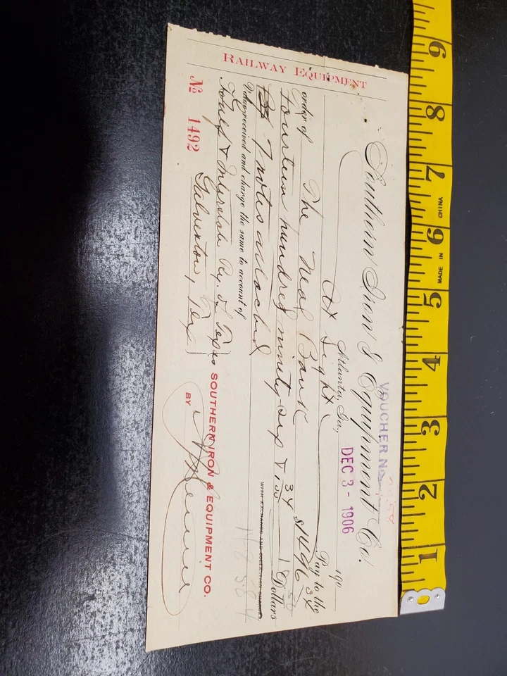 1906 Southern Iron & Equipment canceled check - Railway Equipment - Atlanta GA - Image 2 of 4