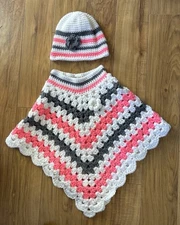 Hand Crochet Sweater/ Poncho w Beanie~ Toddler 3T-4T