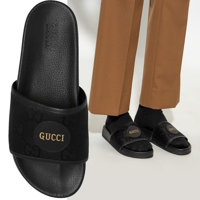 GUCCI SHOES MENS SLIDES OFF THE GRID BLACK NYLON GG LOGO $560 sz 14 