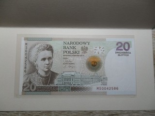 Poland Banknote 20 zlotych Maria Sklodowska Curie 2011 with folder UNC