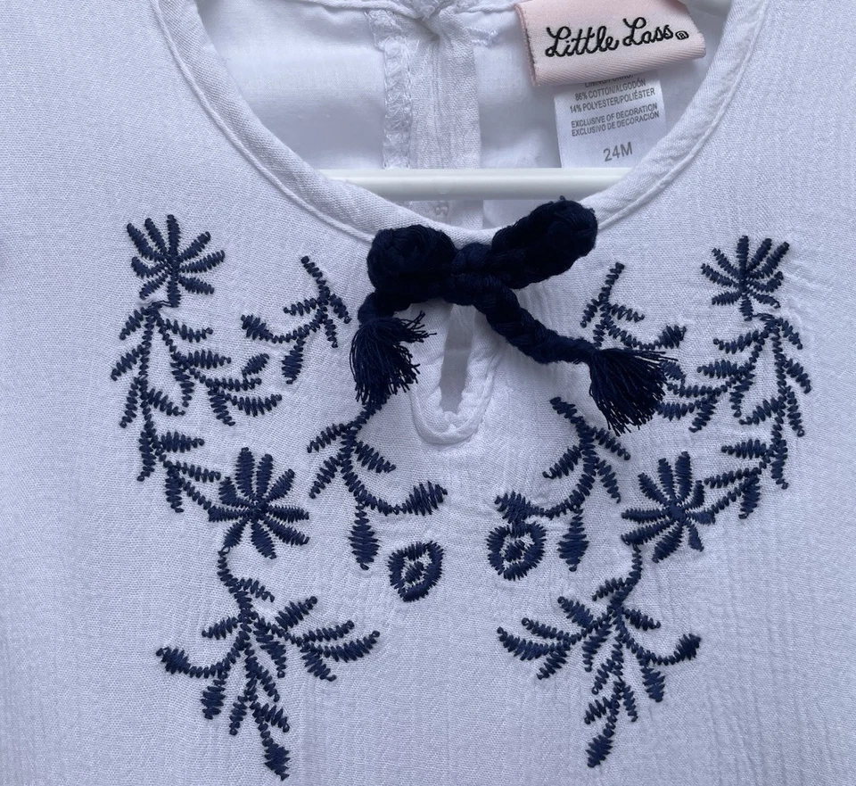 Vestido/Túnica Top Little Lass Bebé Niña Talla 24M Blanco Gasa Azul Marino Bordado Foto 4 de 4