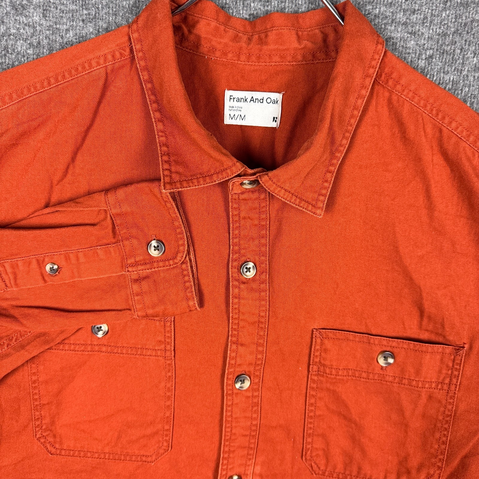 Frank And Oak Shirt Mens Medium Orange Washed Worker Long Sleeve Button Pockets