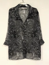 White Stag Women's Sheer Shirt Plus Size 26/28W Black Floral Paisley Button Up