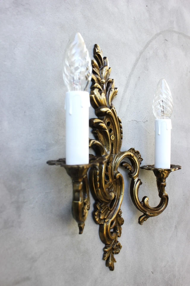 Vintage French Rococo Brass Wall Sconces Pair of Ornate Candle Style Wall Lights - Image 4 of 4