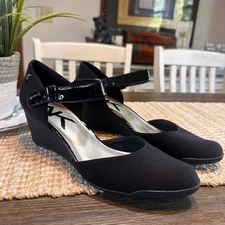 Anne Klein AK Sport Black Tasha Wedge Pumps Heel Ankle Strap Shoes Size 10M