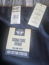 Men's Dockers Pants 36x34 Navy Signature Khaki Flat Front Slim Fit Stretch New