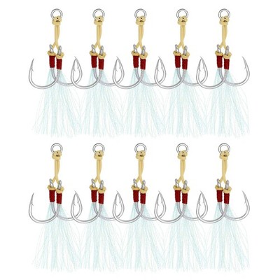 10pcs Fishing Assist Hooks Kit Double Jigging Hook Glow Tassel(3/0#, 3.2''x0.6'')