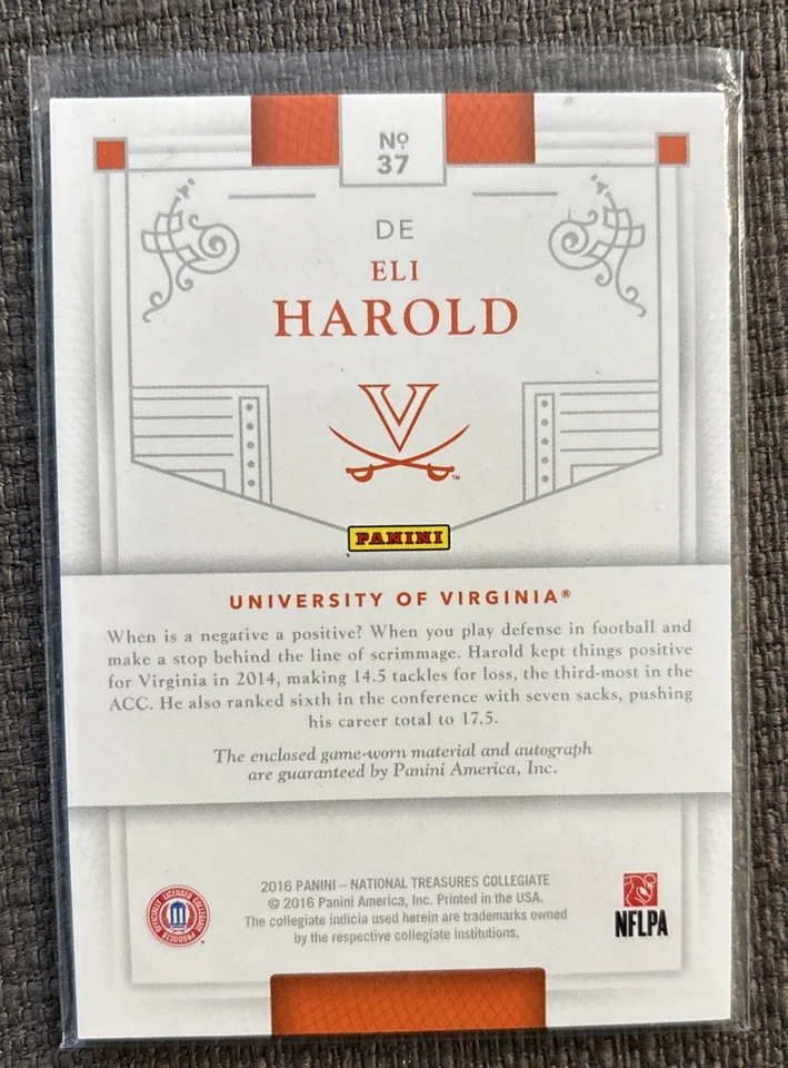 Eli Harold - 2016 Panini National Treasures Material Signature #37 Virginia /99 - Image 2 of 2