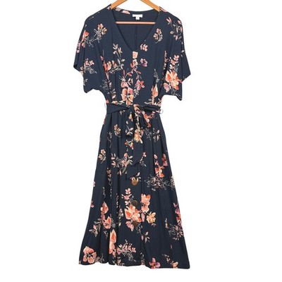 J. Jill Dolman Sleeve V-Neck Midi Dress Sz PM Navy Floral Knit Modest Spring