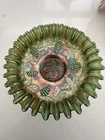 Vintage Green Carnival Glass Blackberry Wreath Bowl Ruffled 3 in 1 edge