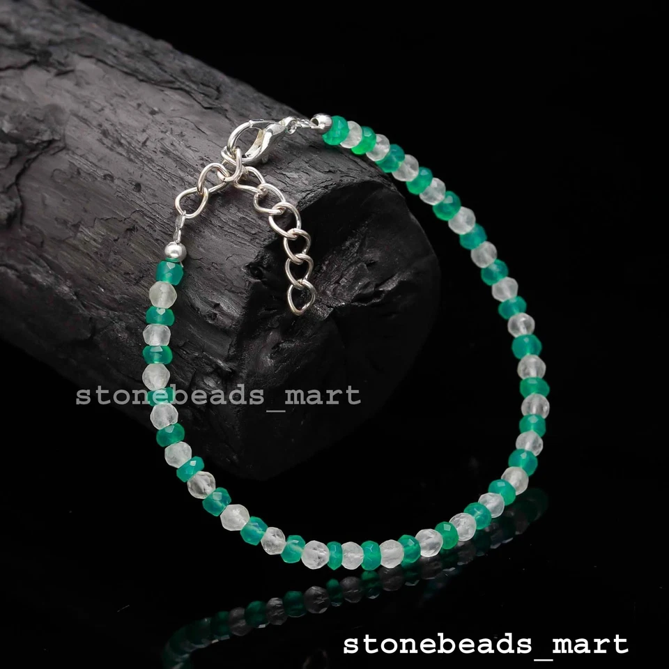 Genuino Verde Ónix + Cristal 4mm Rondelle Facetado Pulsera Ajustable 7" - Imagen 4 de 4