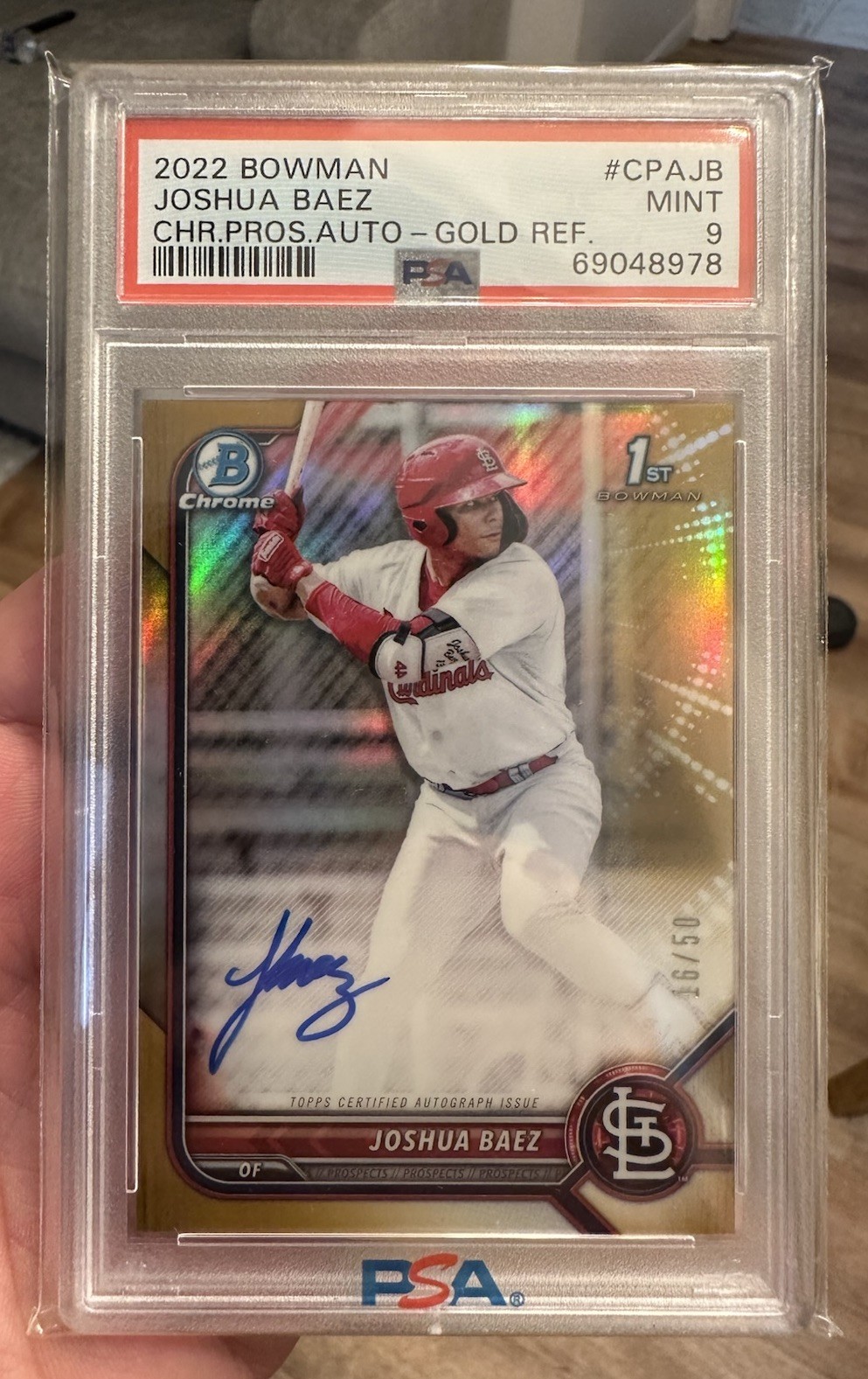 JOSHUA BAEZ 2022 BOWMAN CHROME 1st AUTO TRUE GOLD REFRACTOR /50 PSA 9 ROOKIE