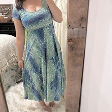 Chaps knit Green and Blue Leaf maxi Dress size medium cotton fabric
