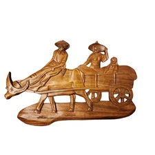 Vintage Carved Wood Wall Hanging Art Ox Cart FolkArt Farmhouse Rustic Decor 23"