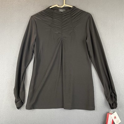 VTG Artex Fashions Top Sz M NWT Black Long Sleeve Stretch Ruched Neck Sleeves