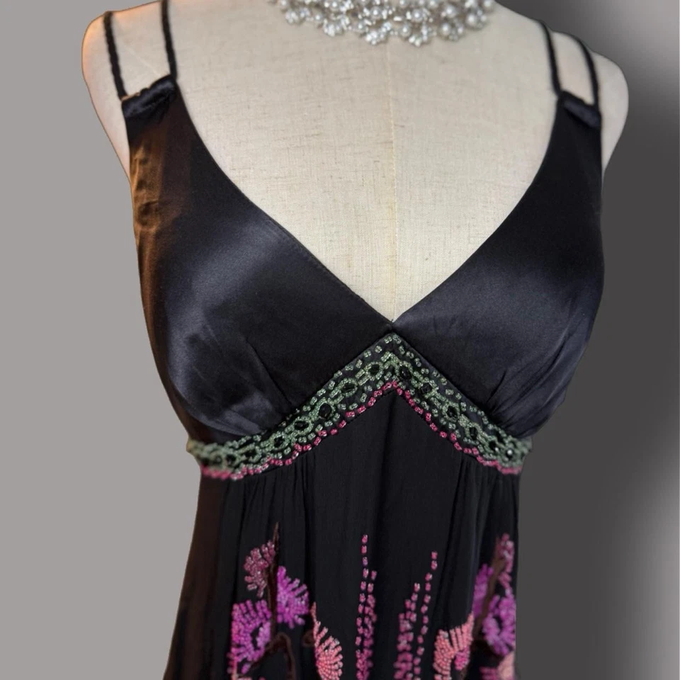 VTG Sue Wong SILK BEADED Satincore babydoll Glam Asian Cherry Cocktail dress 6 - Image 4 of 4