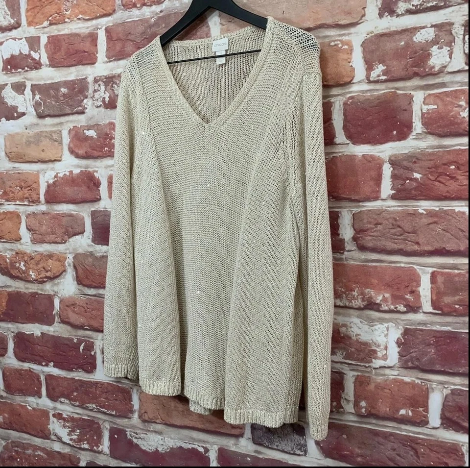 Chicos свитер женщин XL 3 кремовый блестки трикотажа V шеи пуловер с длинным рукавом - Изображение 2 из 4