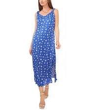Vince Camuto Blue Printed Ruched-Strap V-Neck Dress Size Medium