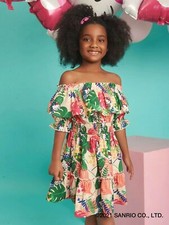 SHEIN X Hello Kitty and Friends Girls Off Shoulder Tropical Print Dress 9Y NWT