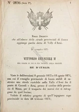 Decree Kingdom of Italy - Adds Valle d'Arni road to Lucca road list 1875