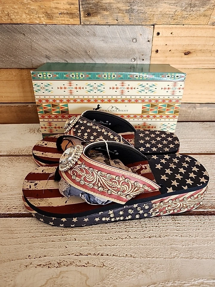 Chanclas Montana West Silver Concho bandera patriótica y estrellas cuña para mujer 11 Foto 4 de 4